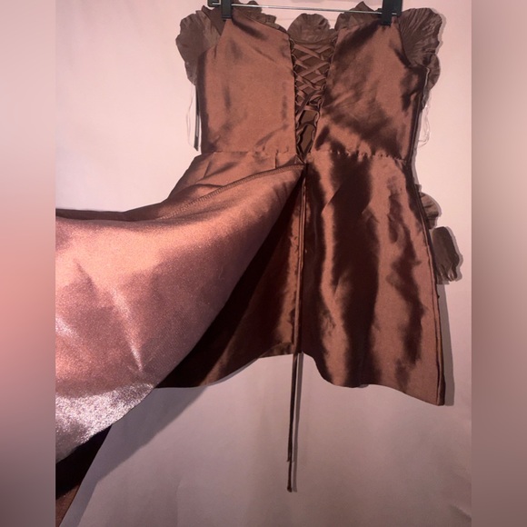 Fashion Nova Chocolate Brown Floral Appliqué Mini Dress with Side Train - Picture 8 of 12